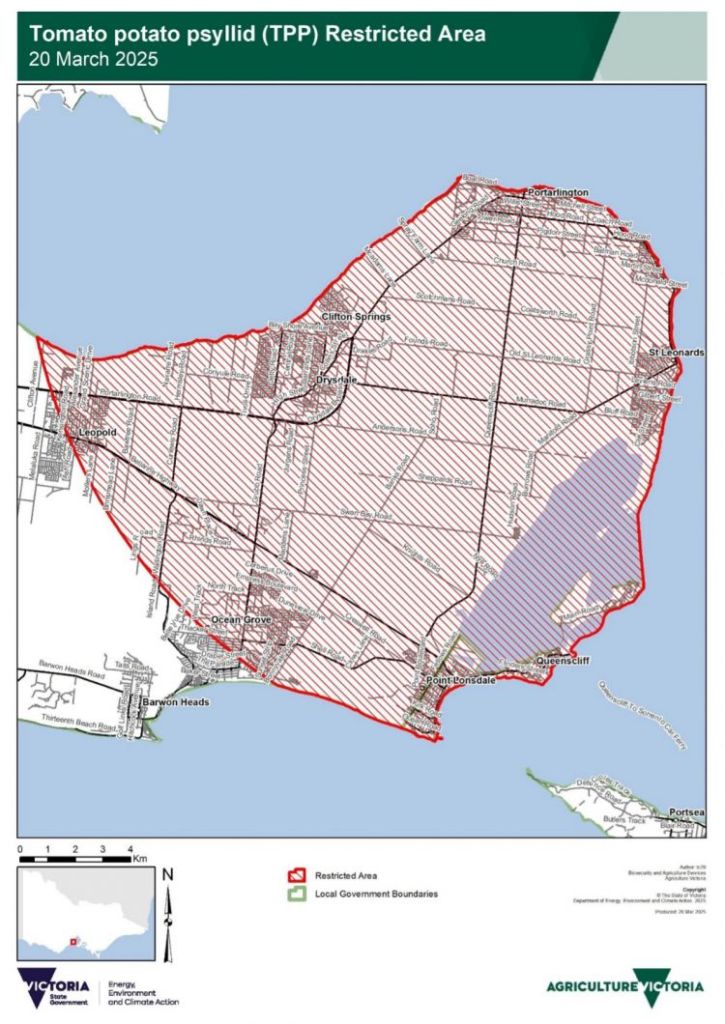 Map showing area at tip of Bellarine Peninsula covered by the restricted zone. It includes Bellarine, Port Bellarine, Portarlington, Indented Head and the northern end of Saint Leonards.